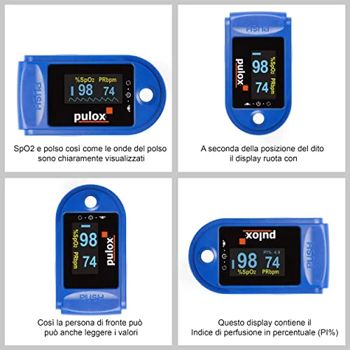 Pulsiossimetro da dito con display OLED che mostra SpO2 98%