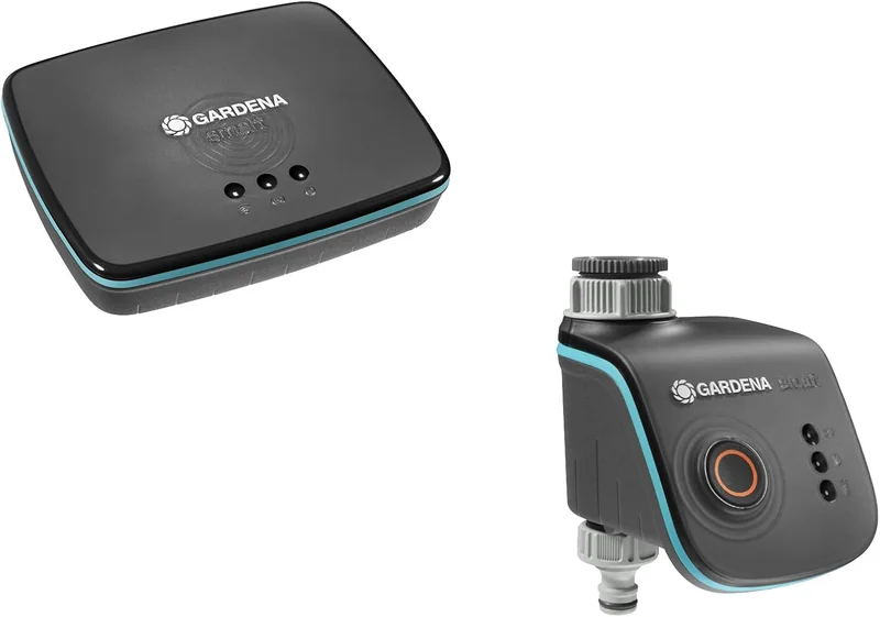 Irrigatore smart wifi automatico in giardino con prato verde