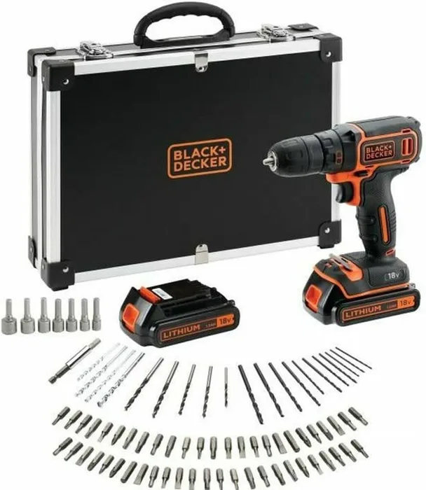 Black+Decker Kit Trapano 18V Cordless 2 Batterie 1.5Ah Caricatore 80 Accessori