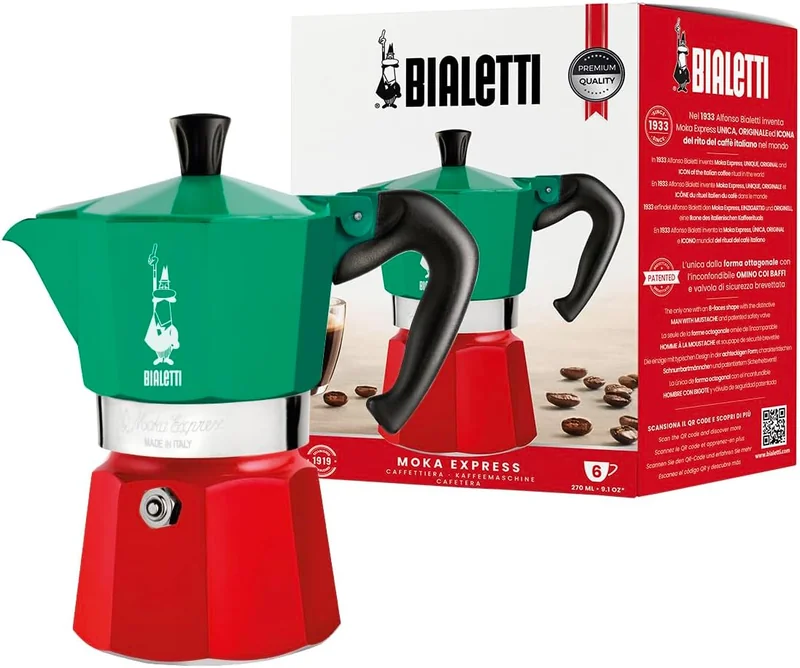 Bialetti Caffettiera Moka Express Tricolore 6 Tazze 250ml Manico Anti Scottatura Alluminio