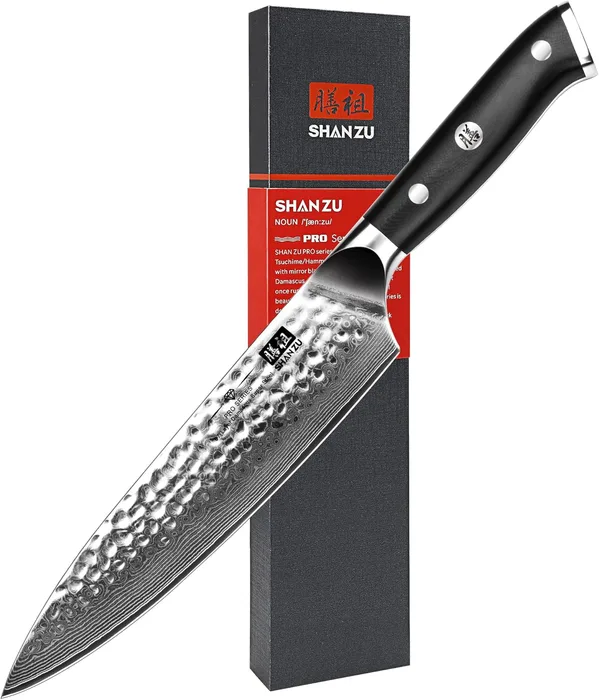 SHAN ZU Coltello Chef Damasco 67 Strati Giapponese 20cm Acciaio Carbonio Manico Vetro G10