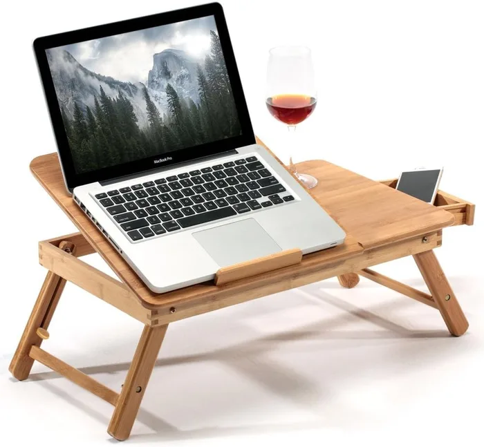 BAKAJI Tavolino Vassoio Colazione Letto Bambù Gambe Pieghevoli Notebook 60×30×25cm