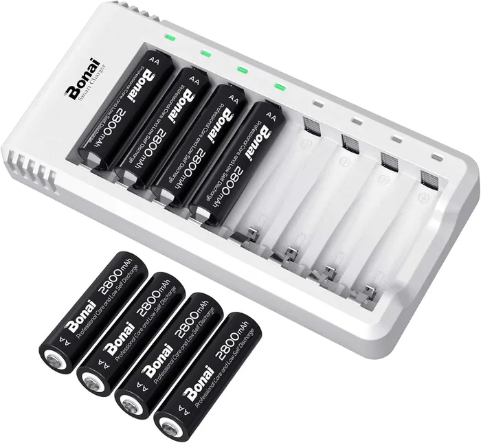 BONAI Set 8 Pile AA 2800mAh + Caricabatterie 8 Slot LED Intelligenti