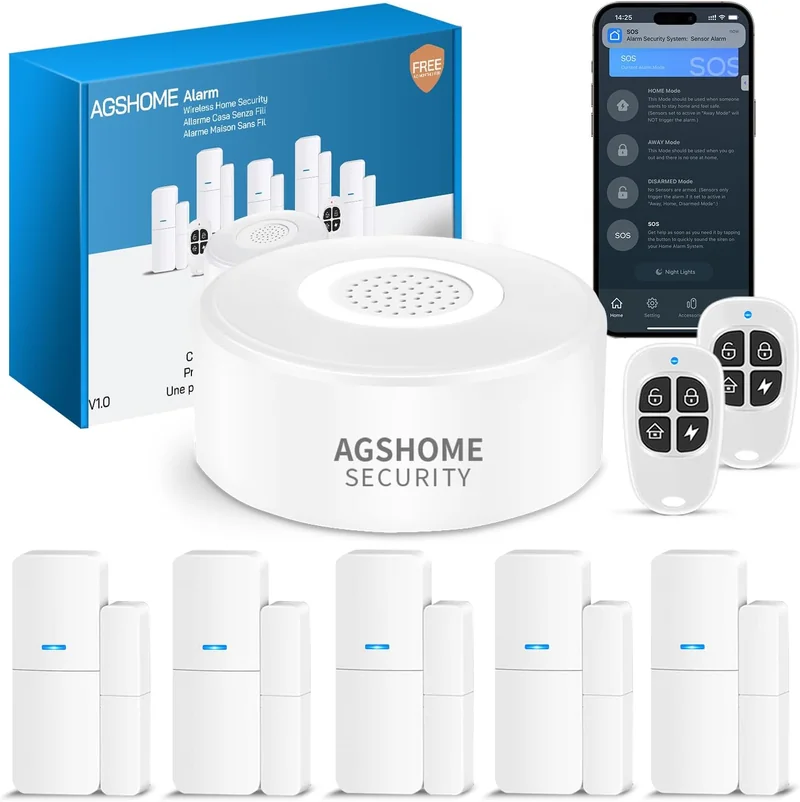 AGSHOME Allarme Casa Wireless 1 Sirena 5 Sensori Porte Finestre 2 Telecomandi