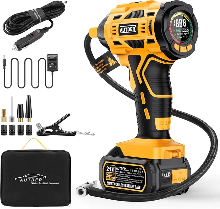 AUTDER Compressore Aria Portatile 180 PSI Manometro LCD Batteria 21V