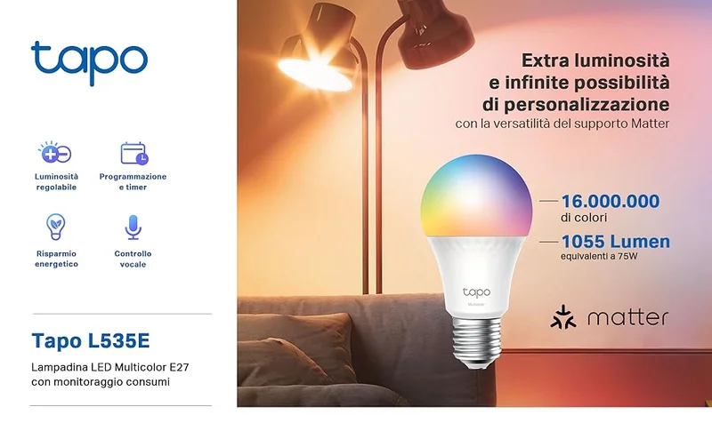Tapo L520E Lampadina WiFi E27 4000K Monitoraggio Energia Dimmerabile