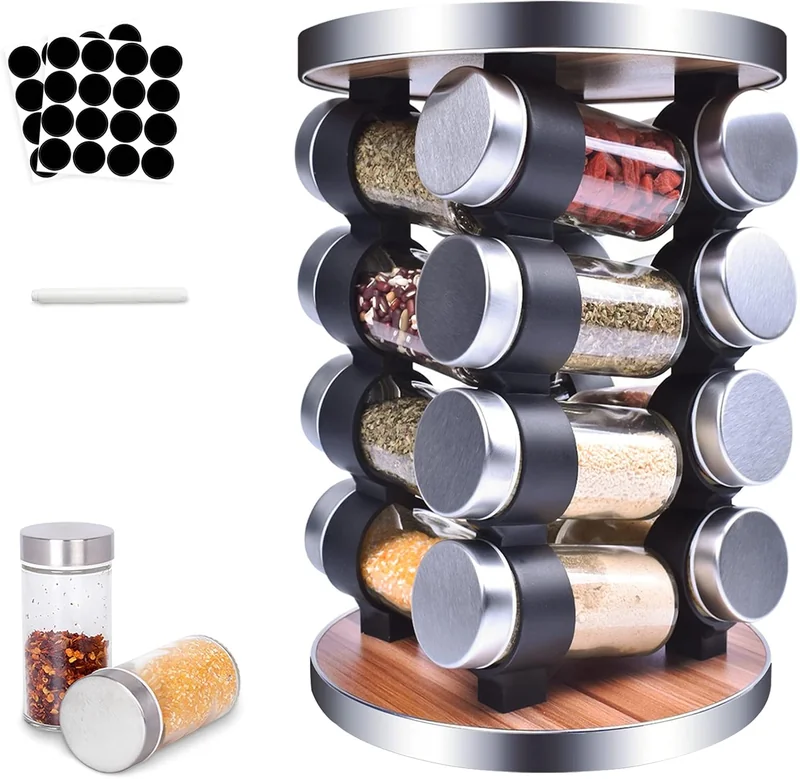 edihome Porta Spezie Girevole 360° 16 Barattoli Vetro Coperchi Dispenser Etichette