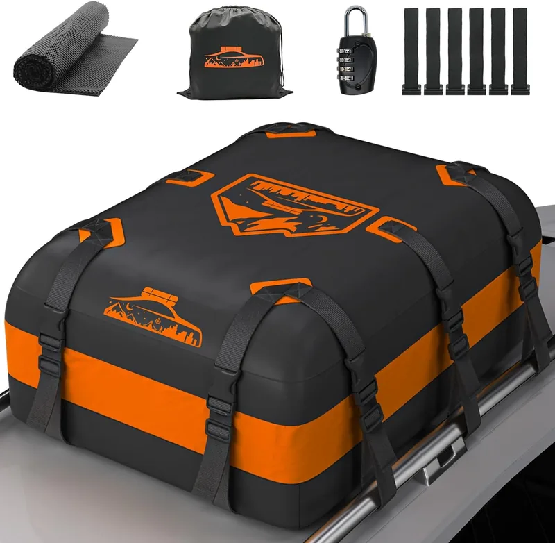 Box Tetto Auto 566L 1000D Impermeabile Arancia 10 Cinghie Tappetino Antiscivolo