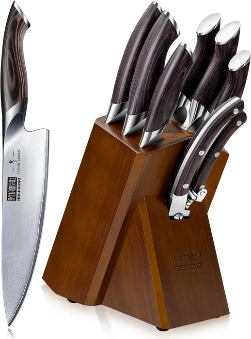 HOSHANHO Set Coltelli 8 Pezzi Giapponese Super Steel Blocco Ceppo Legno Professionale