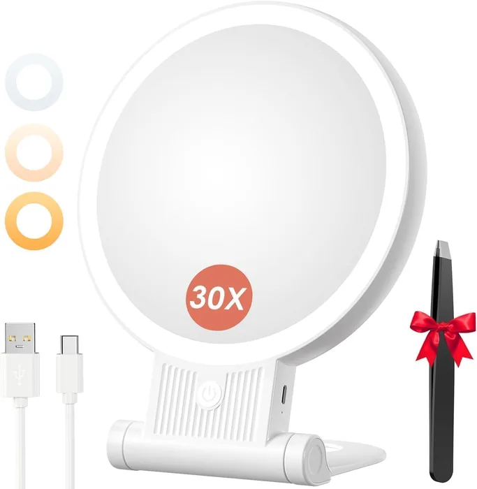 Auxmir Specchio Trucco LED 30X/1X Doppio Lato 3 Colori Pieghevole