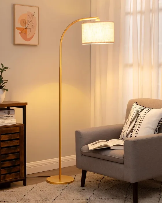 EDISHINE Lampada da Terra Arco Paralume Lino Beige 161cm Dorata