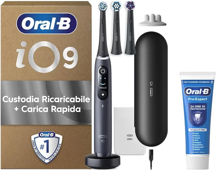 Oral-B iO 9 Spazzolino Elettrico AI Display LED Custodia Viaggio Ricarica + Dentifricio
