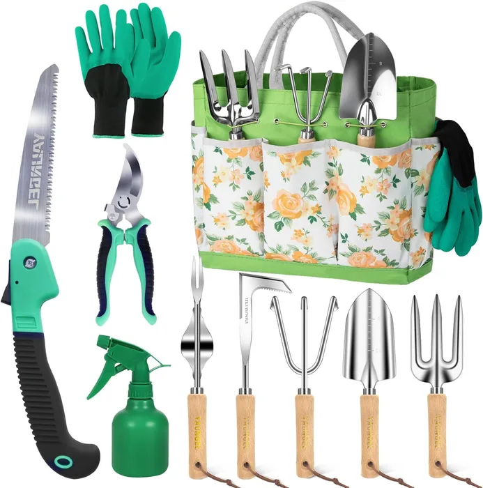 YAUNGEL Set Attrezzi Giardinaggio 10 Pezzi Acciaio Inox Manici Antiscivolo Legno