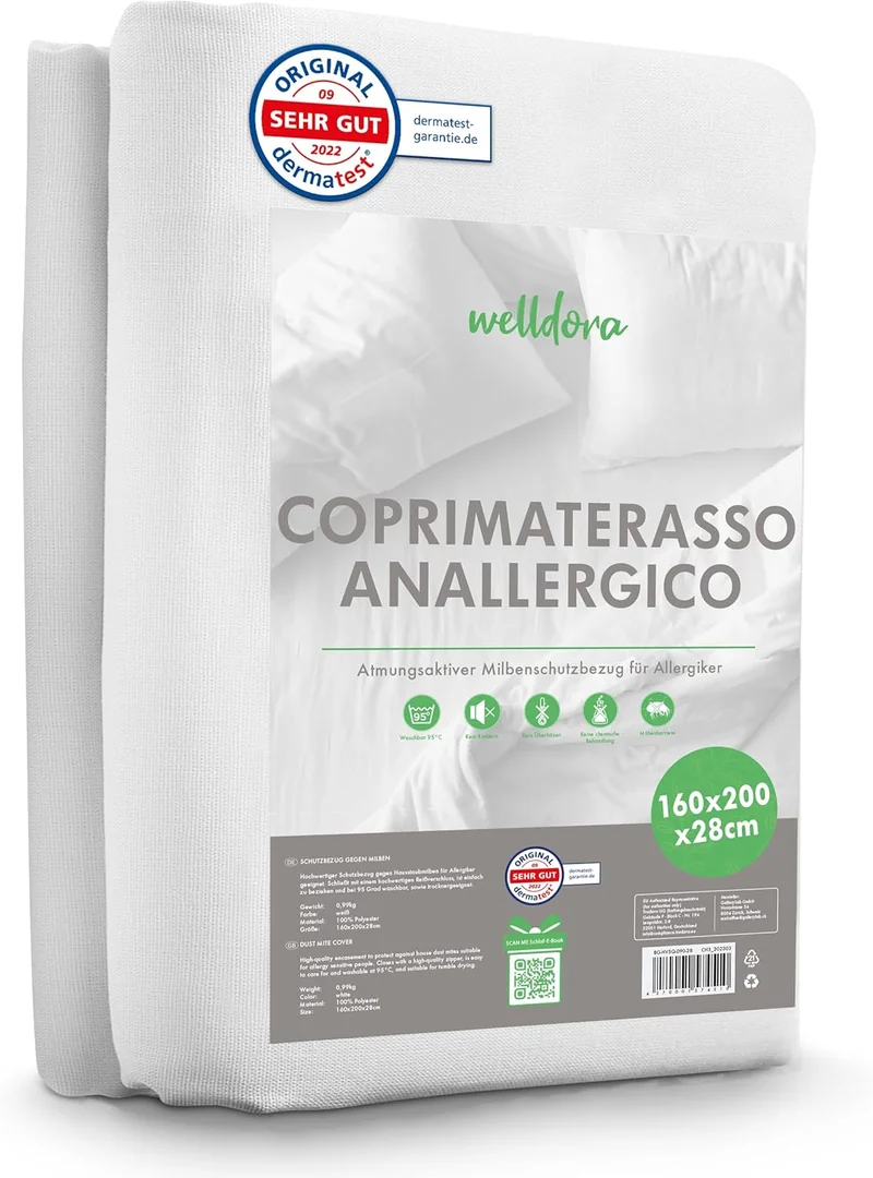 Welldora Coprimaterasso Antiacaro Premium Anallergico Testato Cerniera Biancheria Anallergica