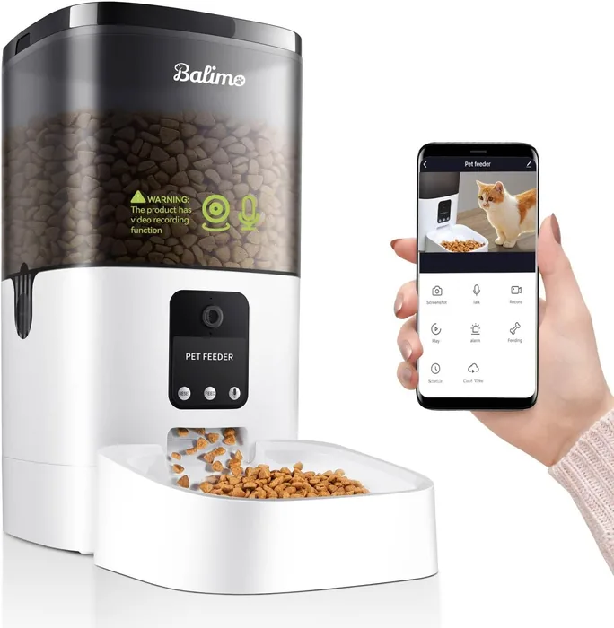 Balimo distributore automatico cibo gatti cani telecamera 1080P HD audio bidirezionale visione notturna IR WiFi 2.4 GHz app smartphone timer 10 pasti 4L crocchette premium smart flagship 2026