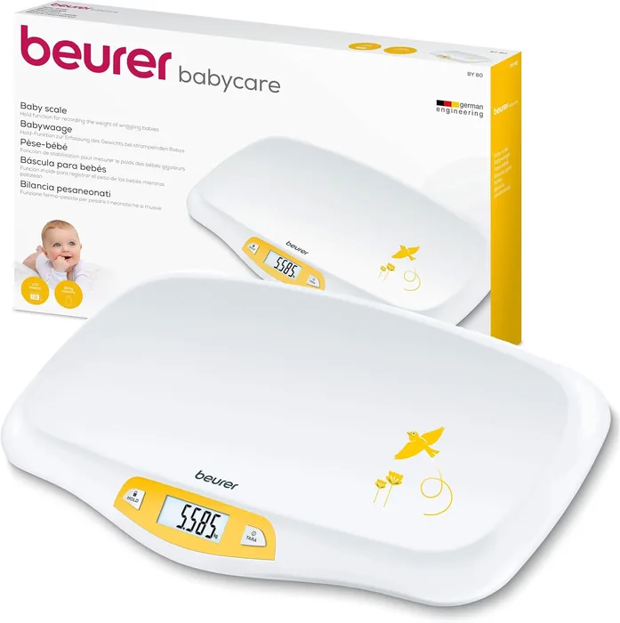 Beurer BY 80 bilancia pesa-neonati funzione fermo-pesata automatica manuale precisione 5g display grande superficie appoggio anatomica soft brand tedesco medical 100 anni garanzia 5 anni 2026