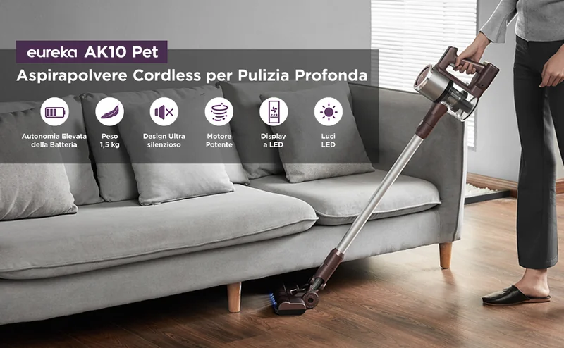Cane e gatto con padrone che usa aspirapolvere senza filo