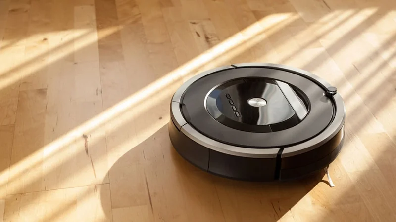 Robot aspirapolvere su pavimento in legno chiaro accanto a un divano