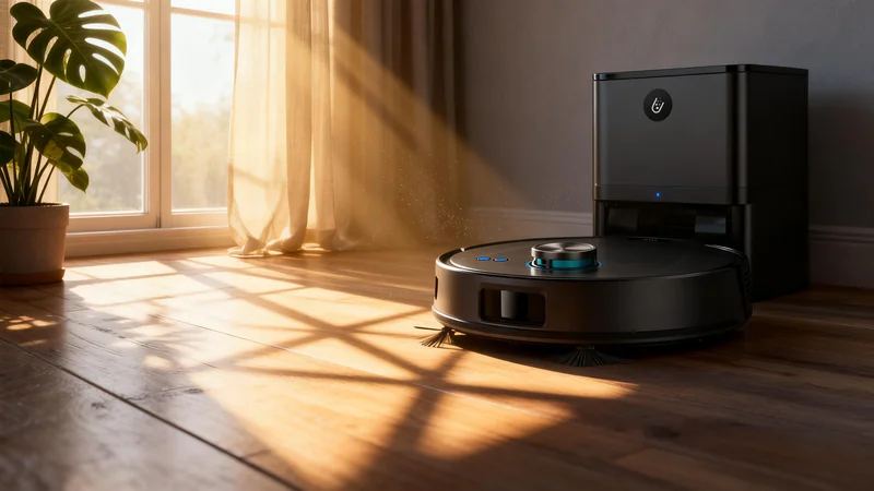 Salotto silenzioso con robot aspirapolvere accanto a divano e tappeto morbido